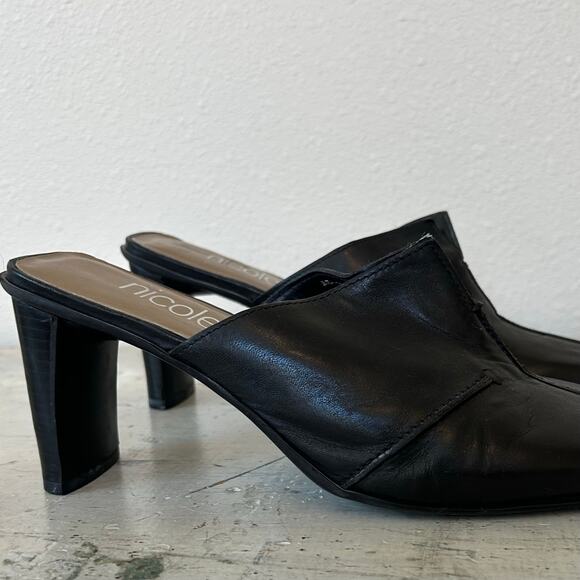 Vintage Nicole Black Leather Mules square toe block heel 90s Y2K minimalist 8 - Picture 2 of 13